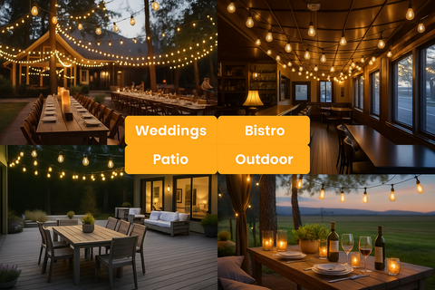Collage of outdoor dining and event spaces with string lights and tables.
