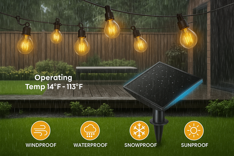 Solar-powered outdoor light fixture with LED bulbs in a backyard setting.