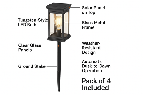 Pack of 4 Solar-powered lights with 800mAh battery for patio and pathway