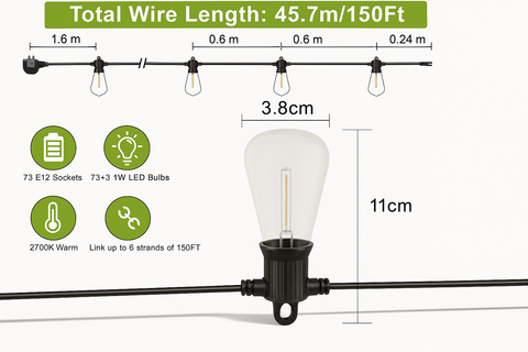 45M LED Festive Hanging Lights With 73 LED Bulbs
