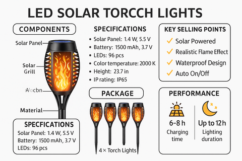 LED Solar Powered Garden Lights – IP65 Waterproof, 53 cm Tall Flickering Light