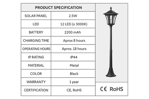 1.2M Solar Victorian Style Garden Lamp Post Light – LED Outdoor Light