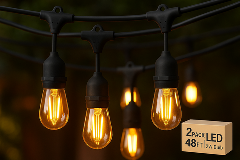 String lights with glowing bulbs and a box labeled '2 Pack LED 48FT 2W Bulb' on a dark background.
