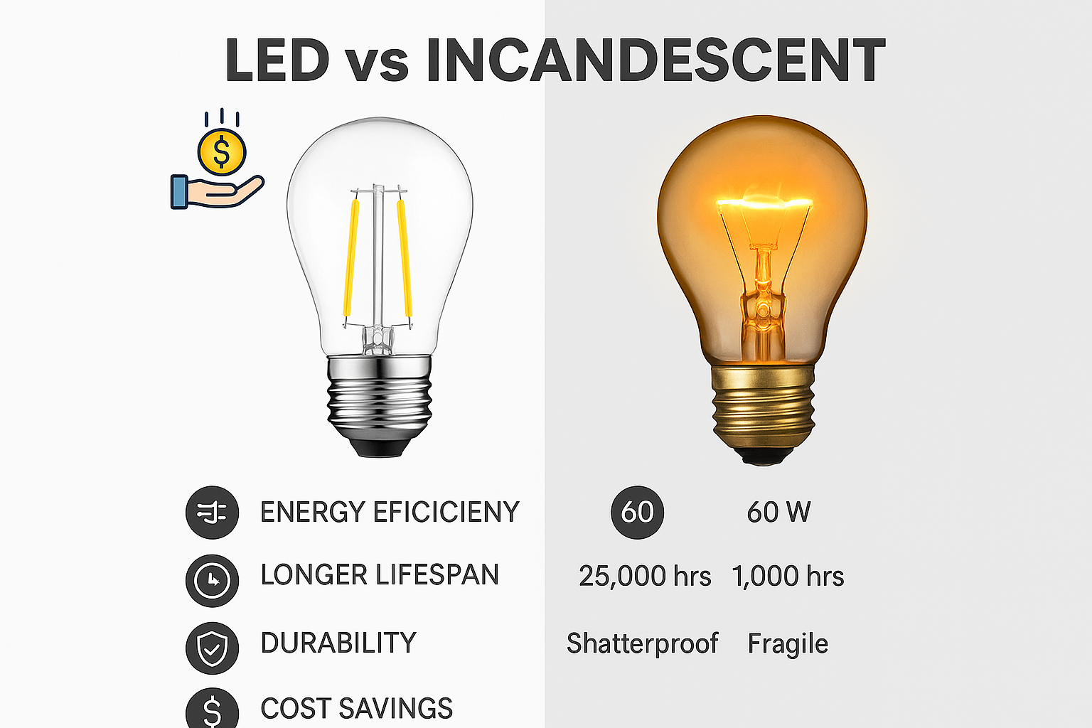 Comparison chart of LED and incandescent light bulbs with features listed.