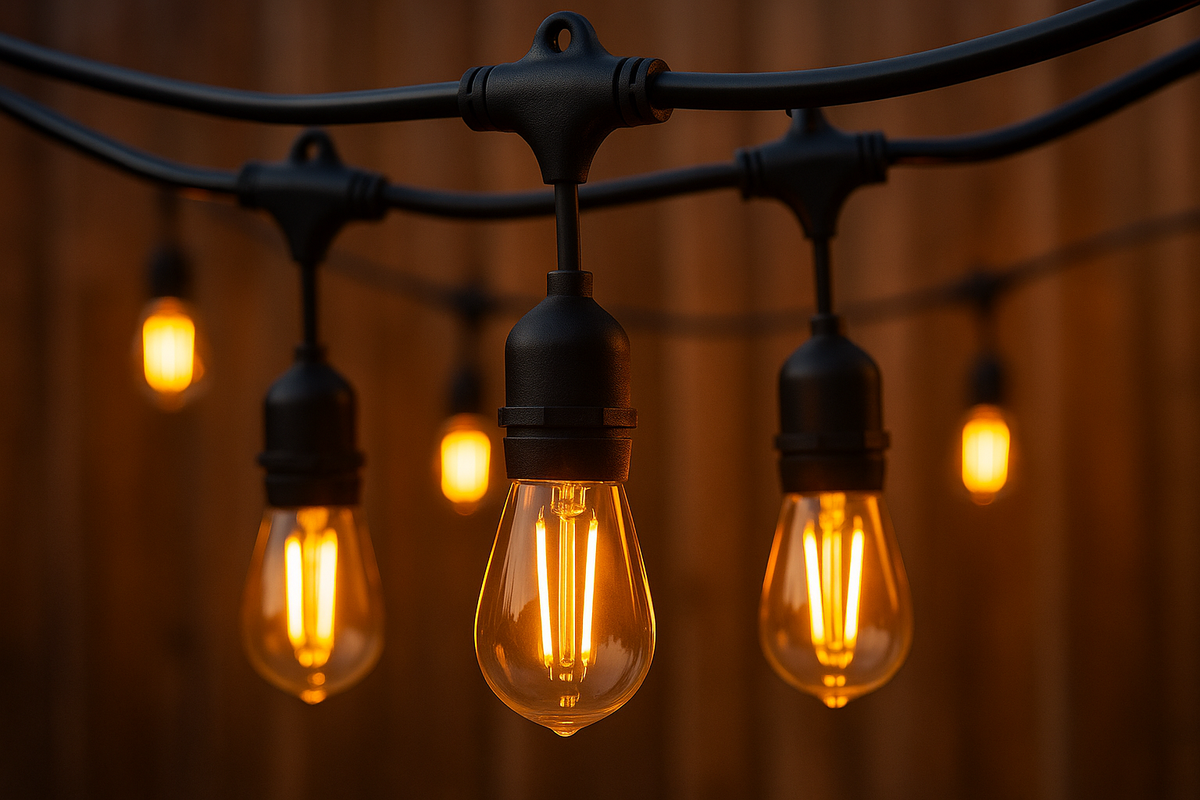 String of lit light bulbs against a dark background