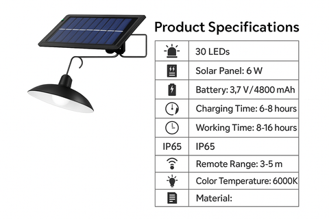 Solar Shed Light – 30 LED Dimmable Pendant with Remote & Cord – Indoor/Outdoor IP65