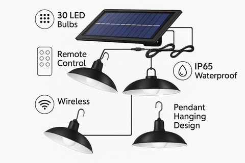 Solar Shed Light – 30 LED Dimmable Pendant with Remote & Cord – Indoor/Outdoor IP65