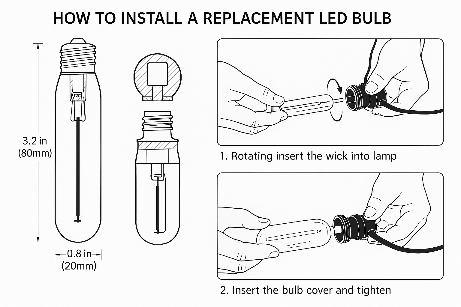 Step-by-step guide on how to install a replacement LED bulb with illustrations and measurements.