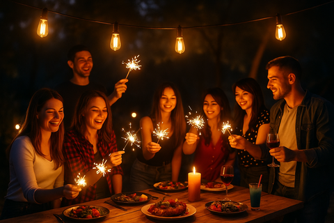 Group of friends enjoying a dinner party with sparklers and drinks at night.