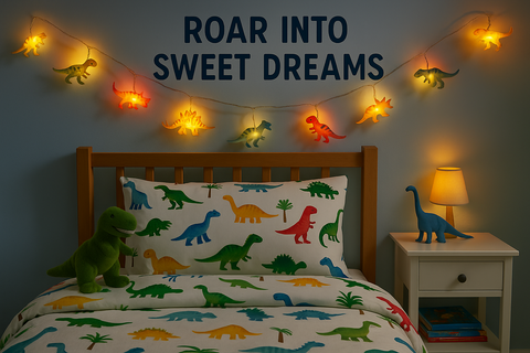 Children's bedroom with dinosaur-themed bedding and decor, featuring string lights with dinosaur shapes.