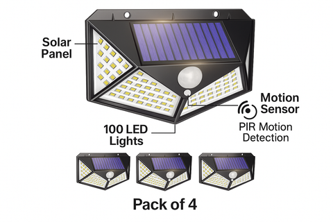 Pack of 4 100 LEDs Solar Powered Wall Lights