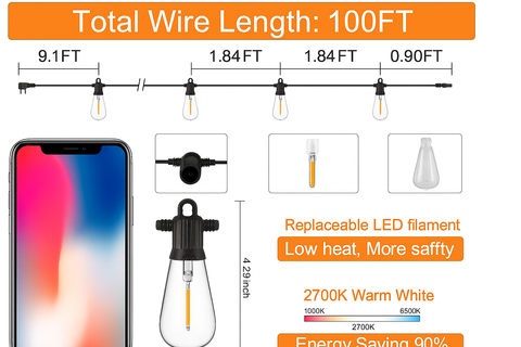 100ft Outdoor String Lights with LED Filament Vintage Bulbs