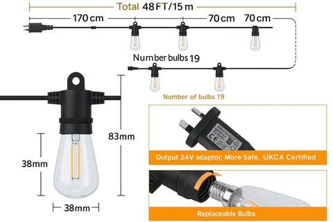 Measurement chart of a string light system with bulbs and adapter details.