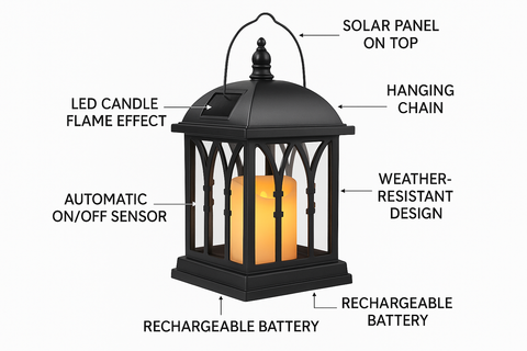 Outdoor Hanging Lantern with Flickering LED Solar Powered 27cm Garden Lamp