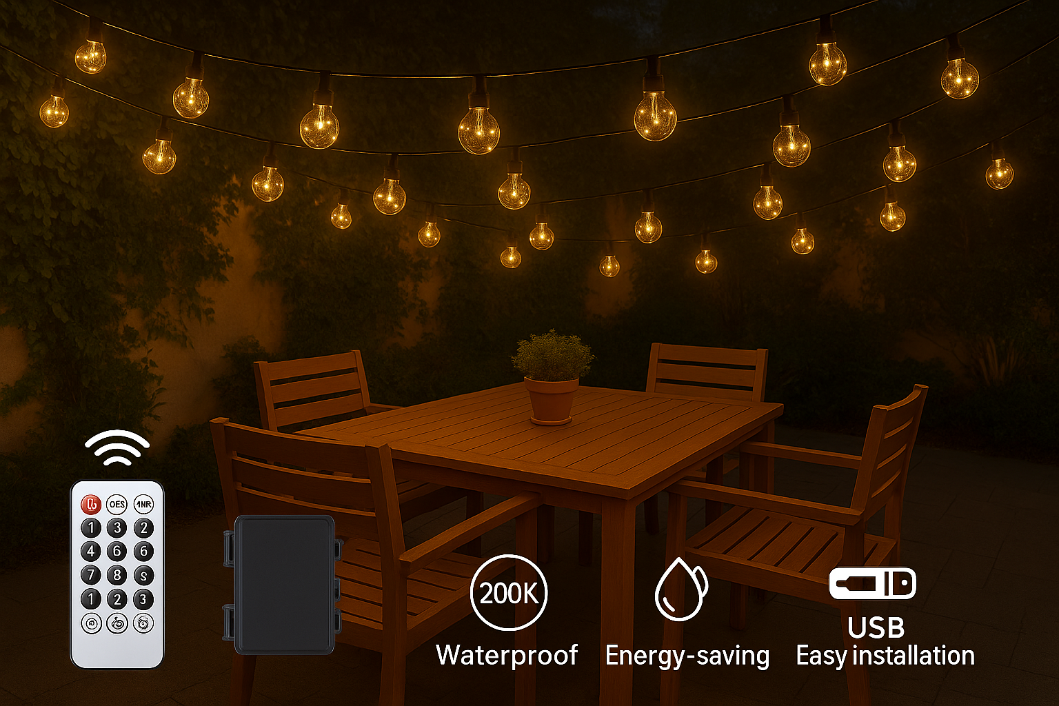 String lights hanging above a wooden outdoor table with chairs, featuring a remote control and product features.