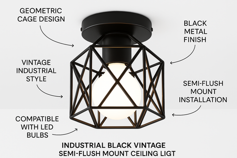 Industrial Black Vintage Style – Semi Flush Mount Ceiling Light