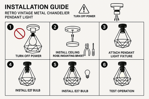 Retro Vintage Metal Chandelier Pendant Light – Warm White Flush Ceiling Fixture
