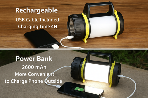 Camping Light Rechargeable, Torch LED Super Bright Rechargeable, Dimmable 5 Modes Camping Lantern Torch with Power Bank, 500lm Rechargeable Camping Torch for Power Cuts, Emergency, USB C Cable