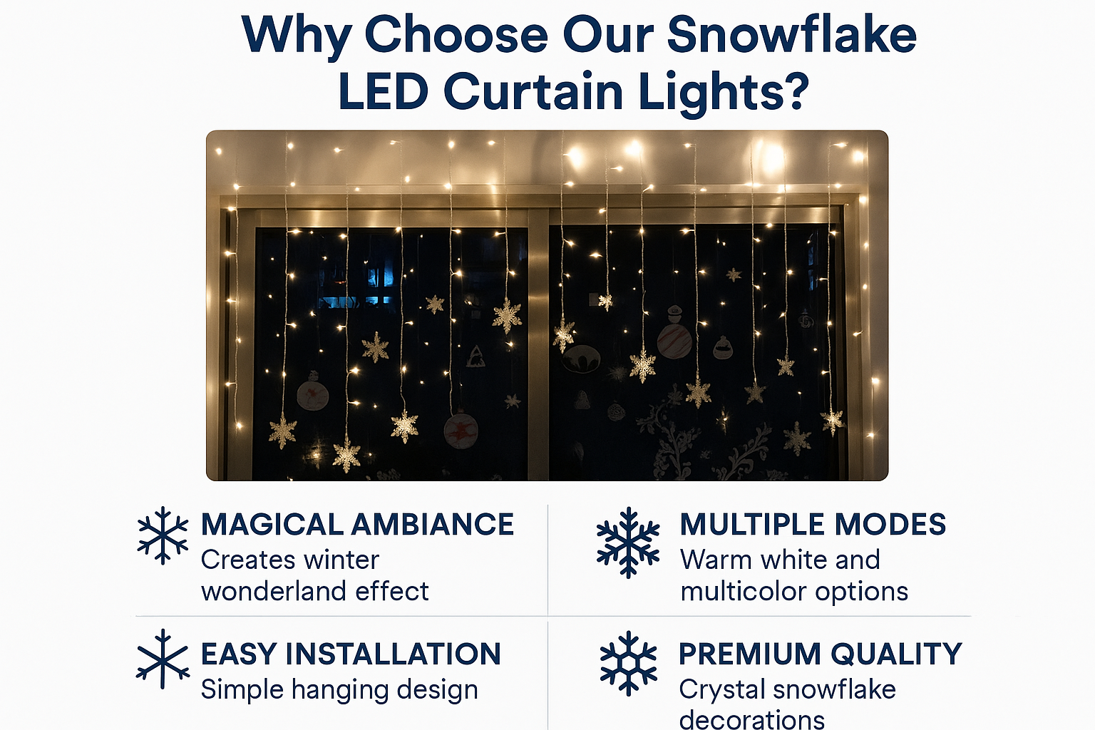 Snowflake LED curtain lights with features listed on a white background