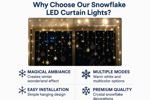 Snowflake LED curtain lights with features listed on a white background