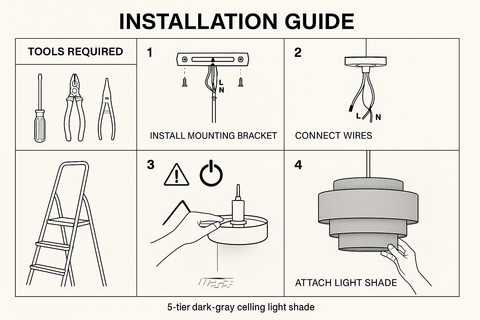 Modern 5-Tier Dark Grey Ceiling Light Shade – Easy Fit