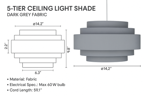 Modern 5-Tier Dark Grey Ceiling Light Shade – Easy Fit