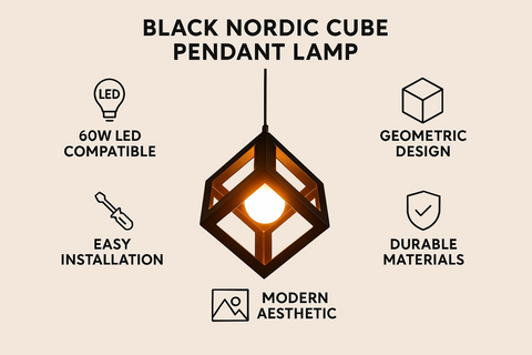 Black 60W Nordic Cube Pendant Lamp – Modern Industrial Lighting