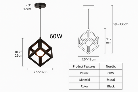 Black 60W Nordic Cube Pendant Lamp – Modern Industrial Lighting