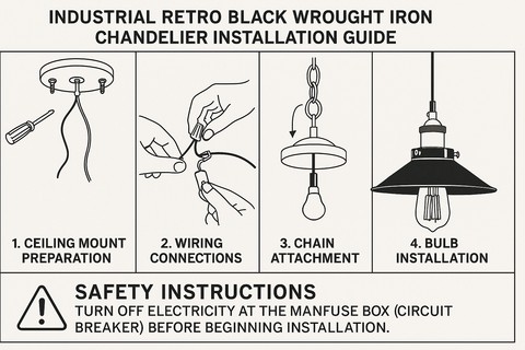 Industrial Retro Black Wrought Iron Chandelier – Adjustable Metal Pendant Light