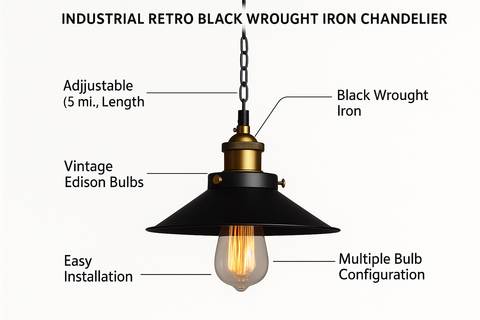 Industrial Retro Black Wrought Iron Chandelier – Adjustable Metal Pendant Light
