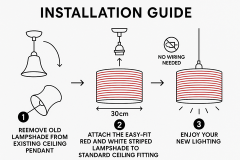 30cm Striped Easy Fit Ceiling Lampshade – Red and White