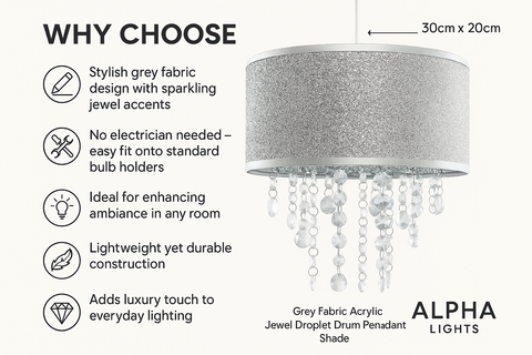 Grey Fabric Acrylic Jewel Droplet Drum Pendant Shade