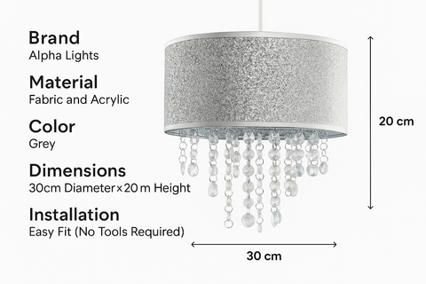 Grey Fabric Acrylic Jewel Droplet Drum Pendant Shade