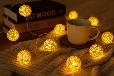 String lights with a cup of coffee and books on a textured surface