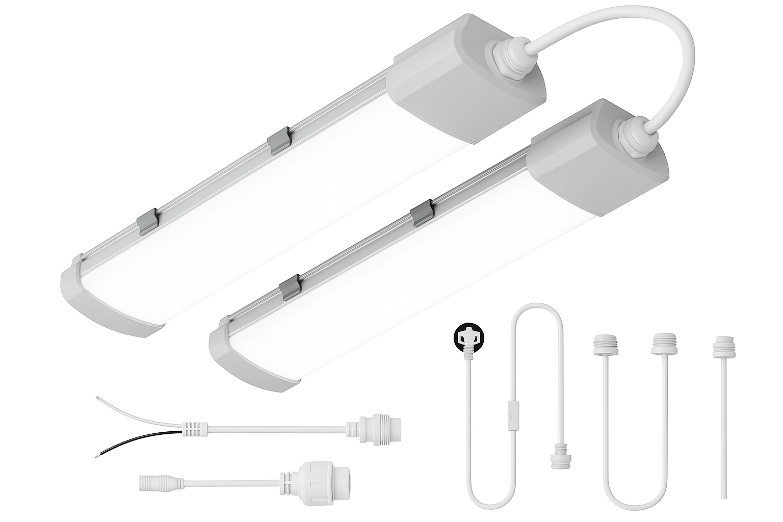 White LED track light fixture with additional components on a white background