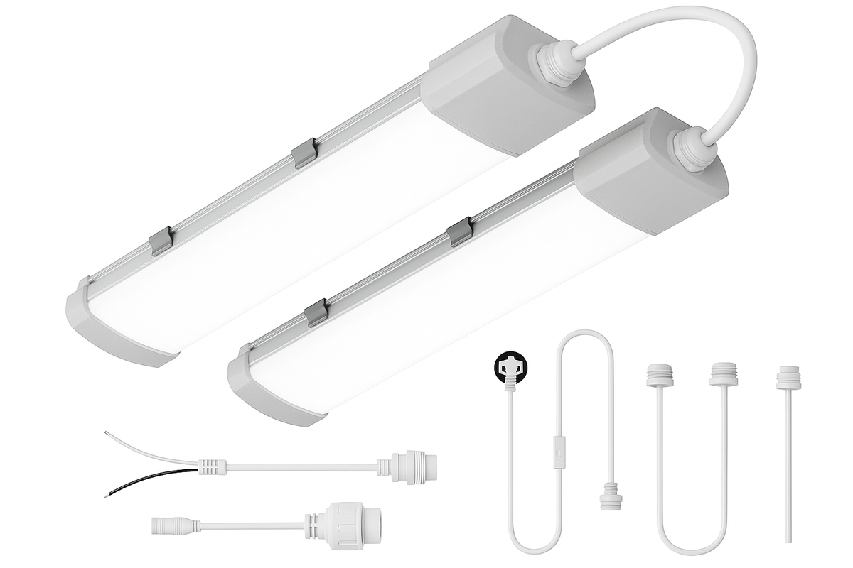 White LED track light fixture with additional components on a white background