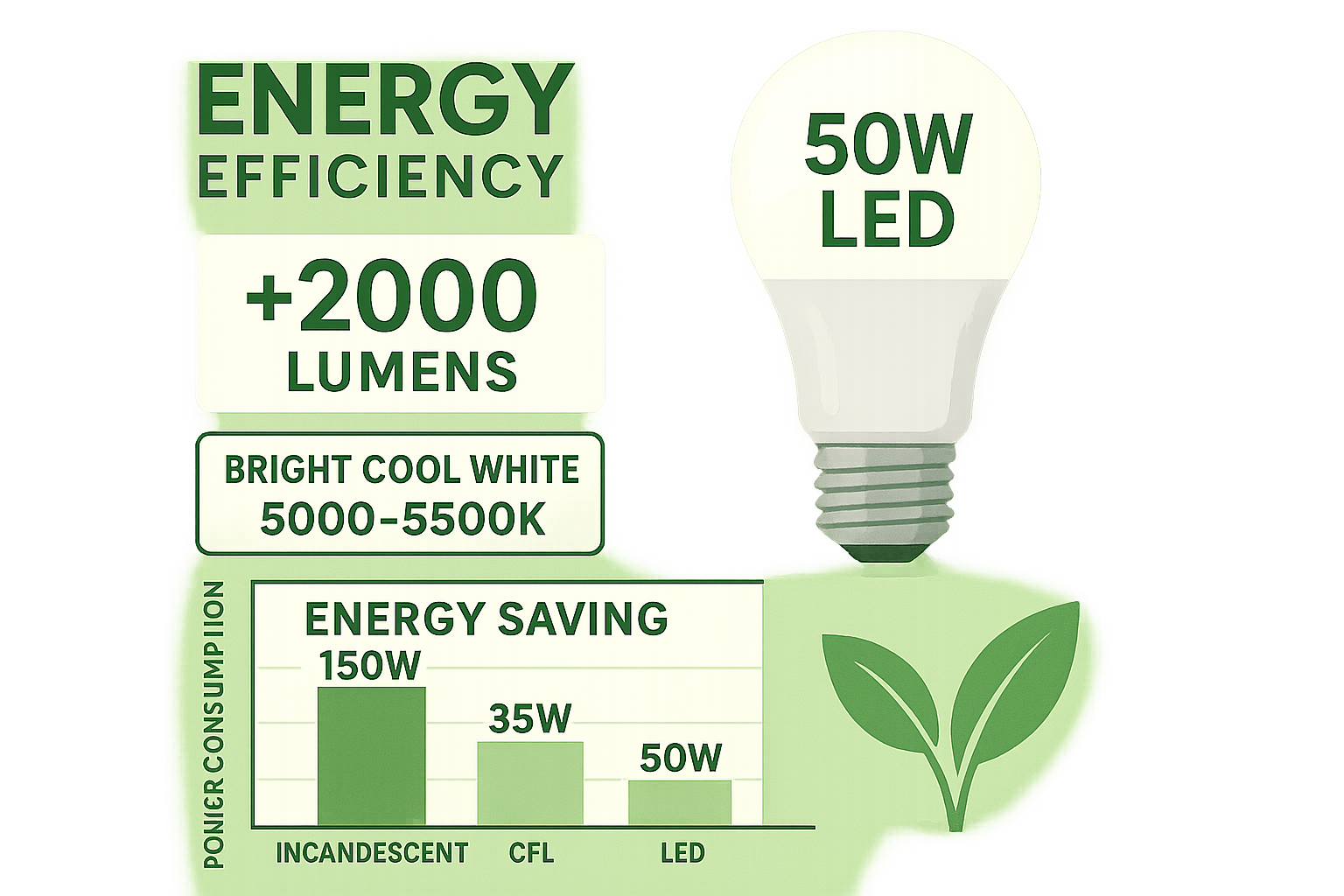 LED light bulb with energy efficiency and saving information on a white background