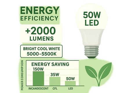 LED light bulb with energy efficiency and saving information on a white background