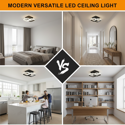 Collage of modern living spaces with a modern versatile LED ceiling light, featuring bedroom, hallway, kitchen, and office scenes.