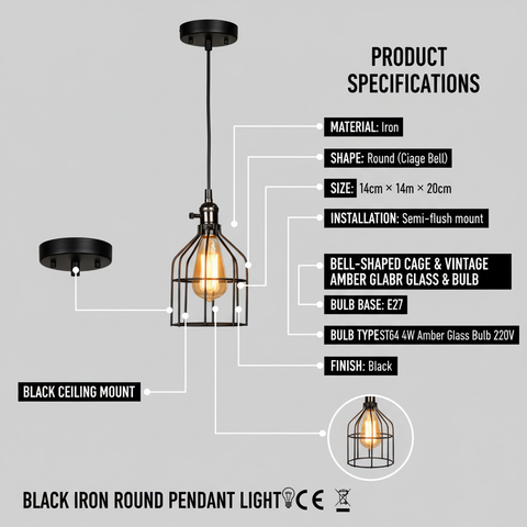 Black Iron Industrial Pendant CellinghLight – ST64 E27 – Vintage Indoor Style