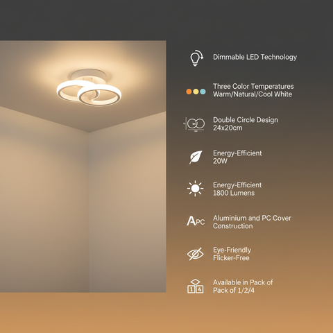20W Double Round LED Ceiling Light – White Dual Ring –  Dimmable Modern Style