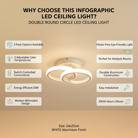 20W Double Round LED Ceiling Light – White Dual Ring –  Dimmable Modern Style