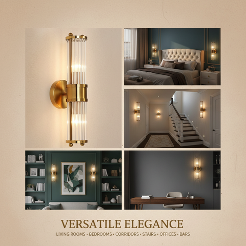 2 Light Brass Gold Crystal Wall Sconce