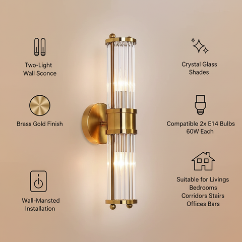 2 Light Brass Gold Crystal Wall Sconce