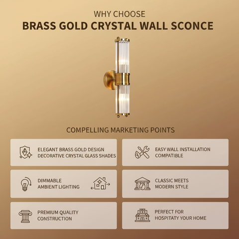 2 Light Brass Gold Crystal Wall Sconce