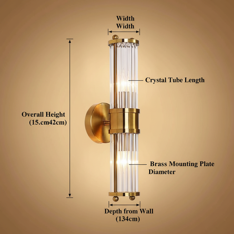 2 Light Brass Gold Crystal Wall Sconce