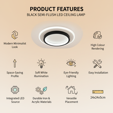 Black Semi Flush LED Ceiling Lamp – Minimalist Round Design – Modern Glow