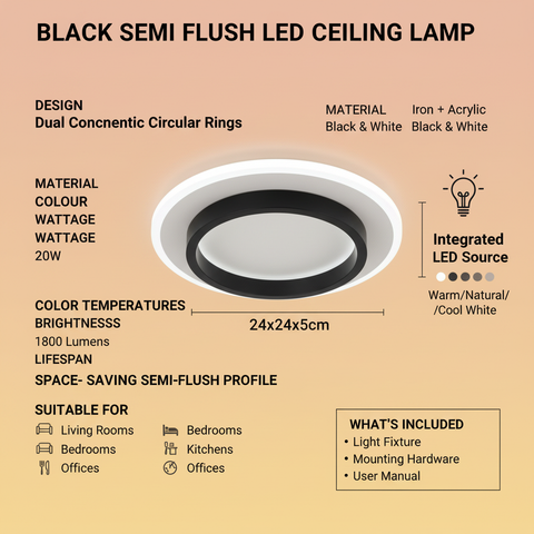 Black Semi Flush LED Ceiling Lamp – Minimalist Round Design – Modern Glow