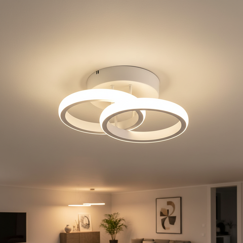 Double Round LED Ceiling Light – Warm White White Finish – Modern Comfort Glow