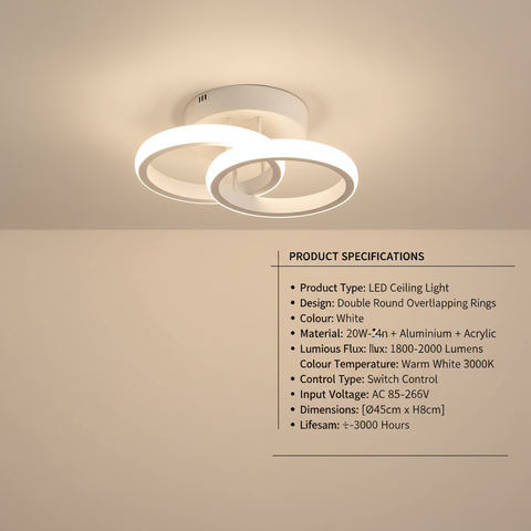 Double Round LED Ceiling Light – Warm White White Finish – Modern Comfort Glow